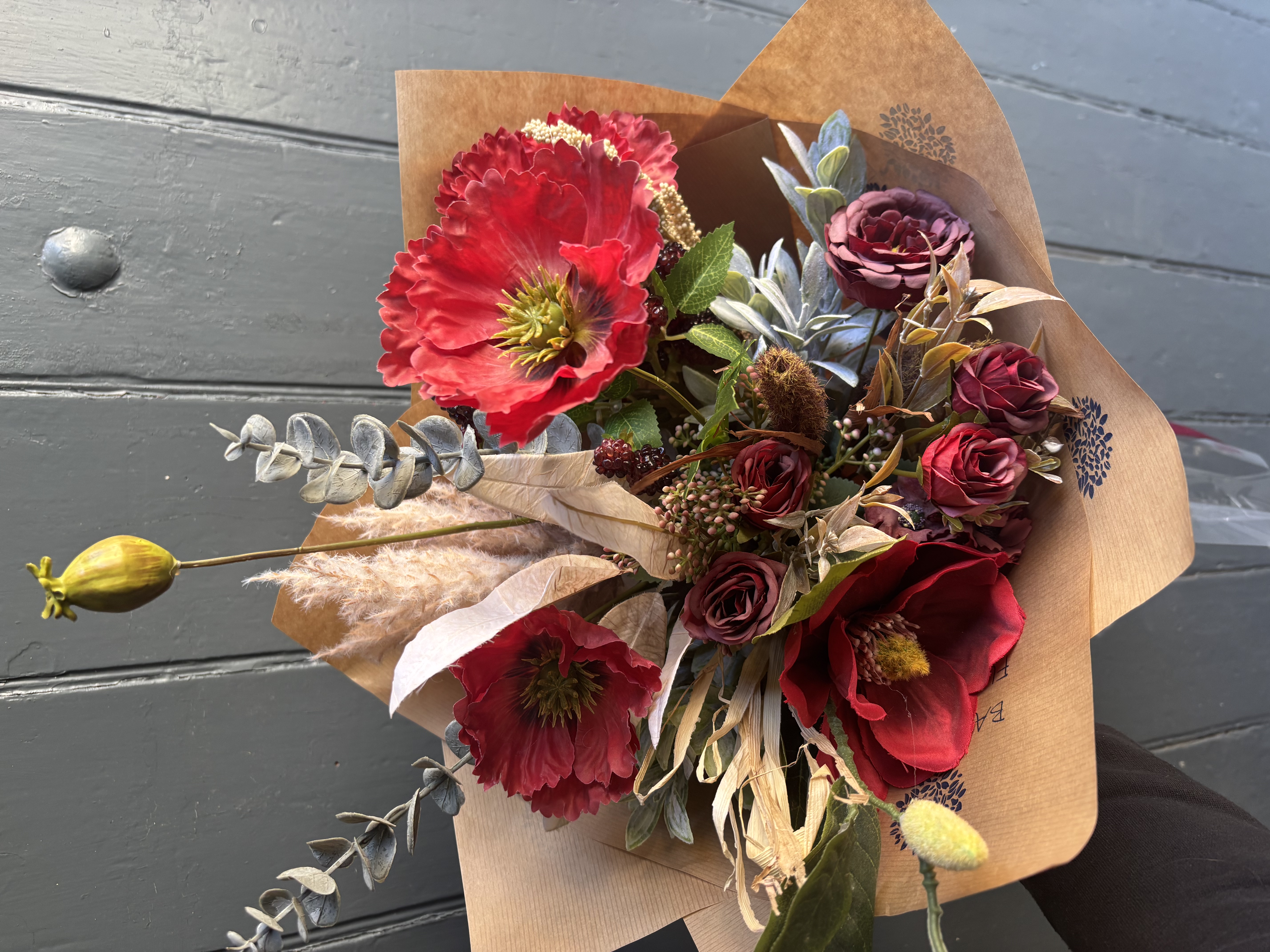 Berry Red Poppy & Magnolia Faux-Silk Bouquet
