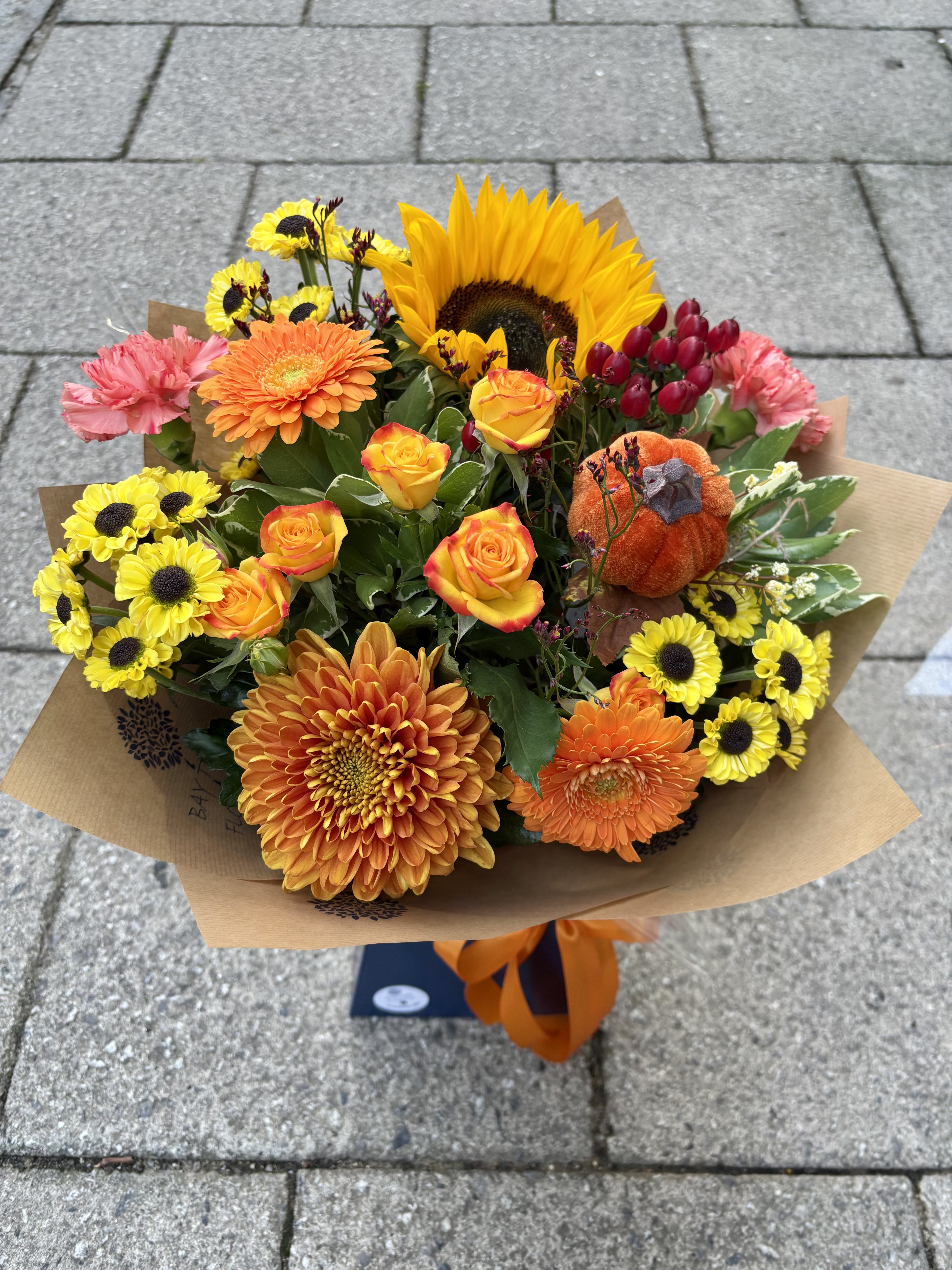 Autumn Sunshine Pumpkin Hand Tied Gift Box - fresh flower arrangement from Baytree Florists