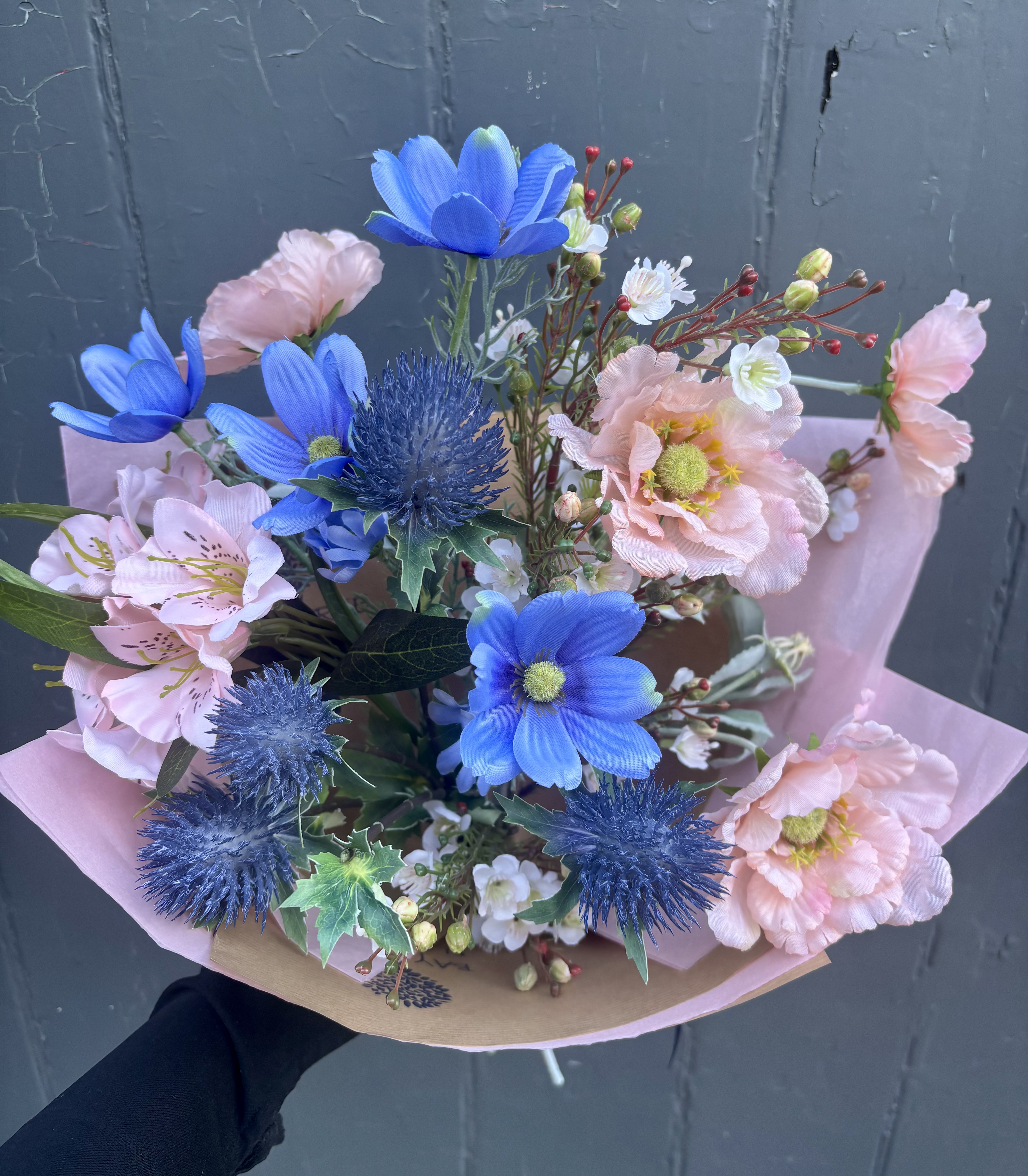 Scottish Thistle & Soft Peach Faux-Silk Bouquet  - Order from Baytree Florists Elgin
