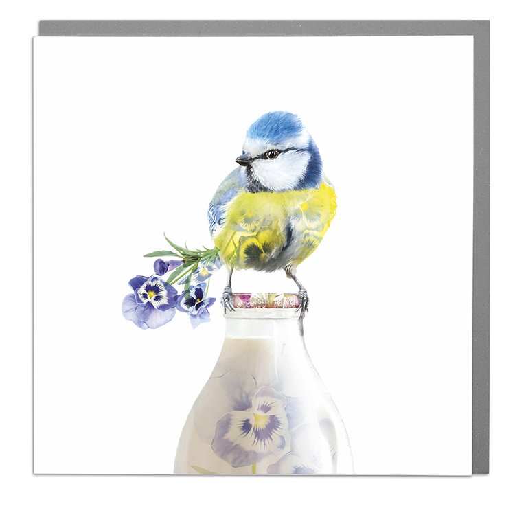 Blue Tit On Milk Bottle Card - Order from Baytree Florists Elgin