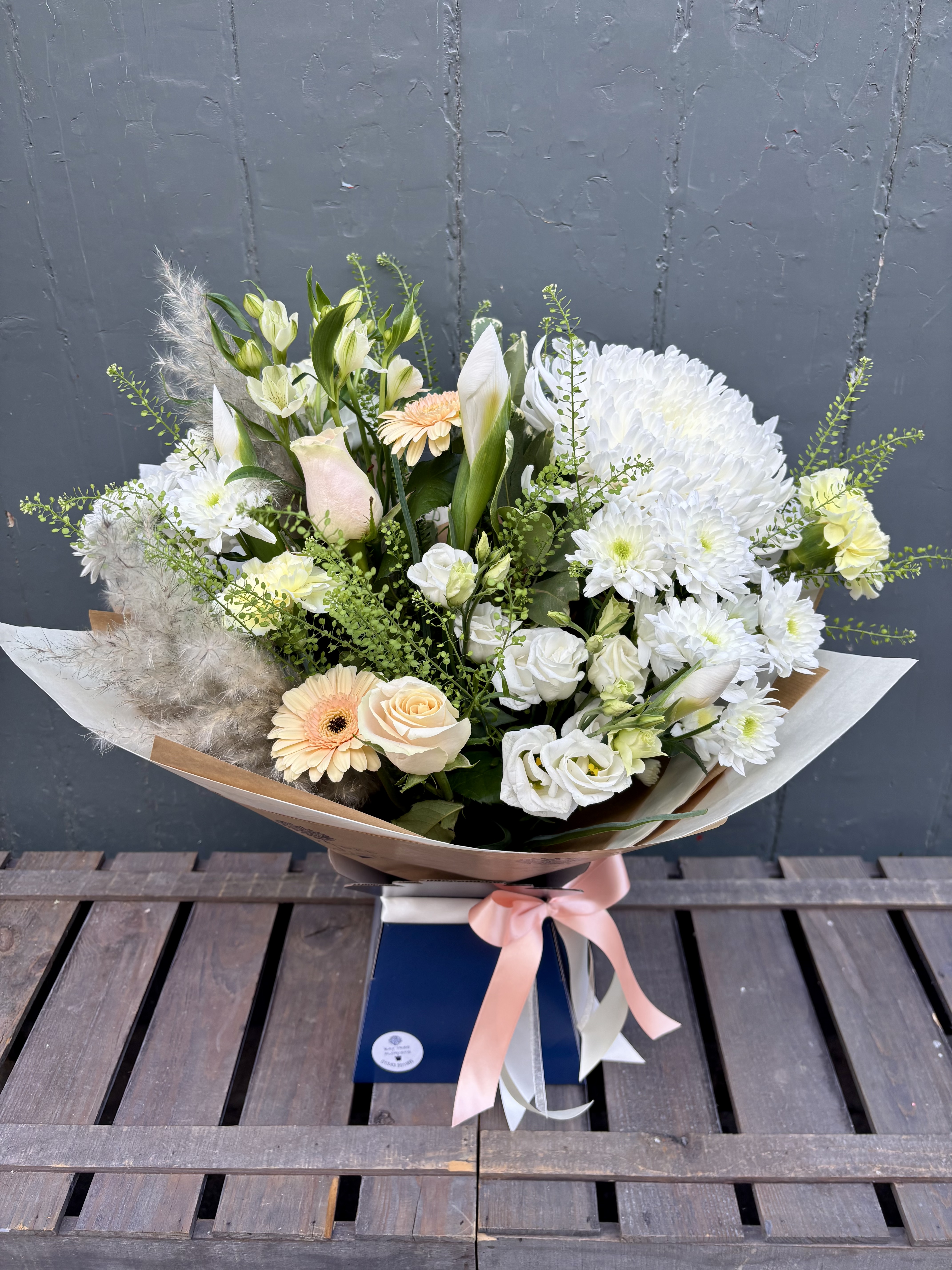 Peach Neutrals & Soft Ivory Hand Tied Gift Box - fresh flower arrangement from Baytree Florists