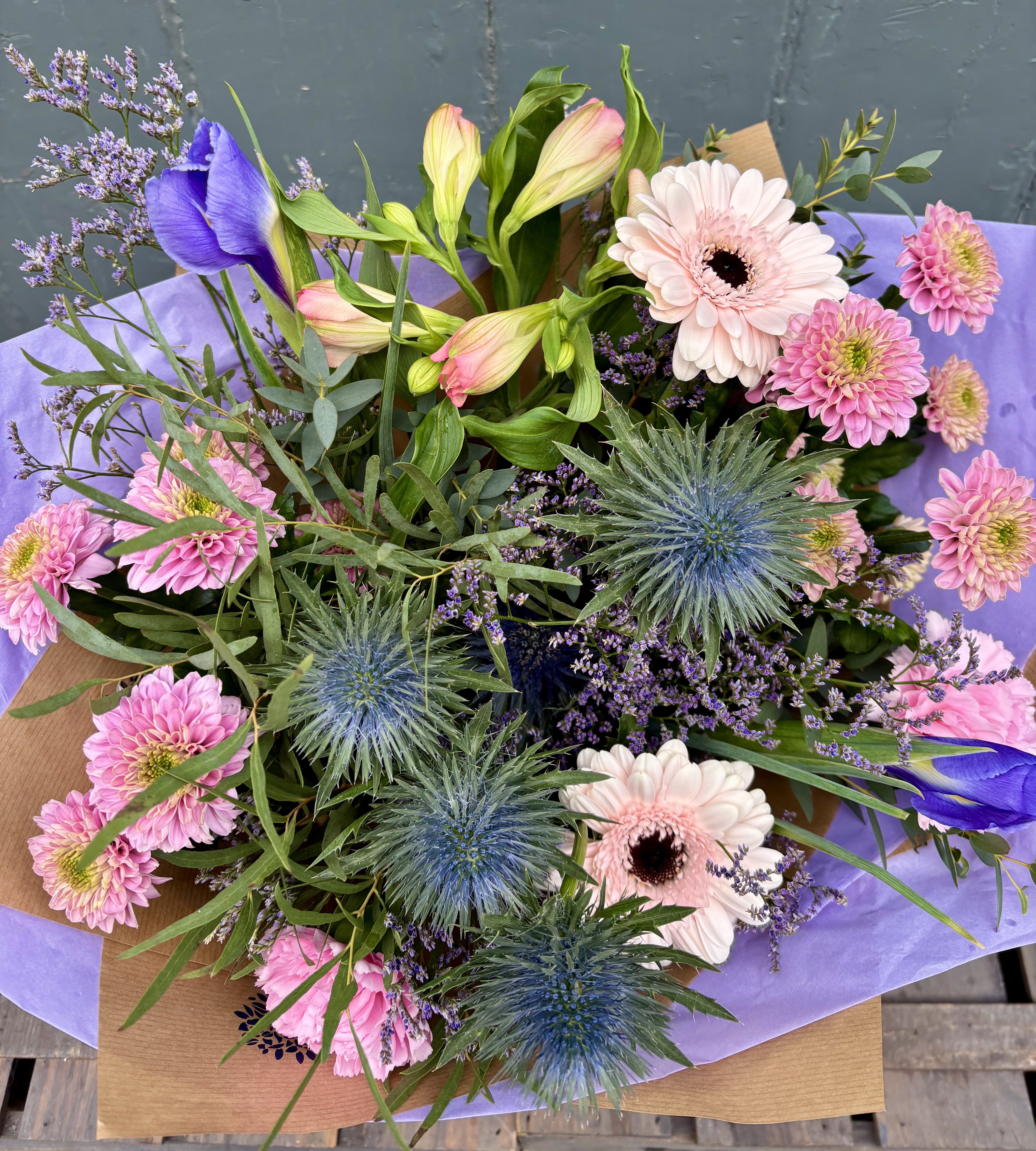 Thistle & Lilac Blush Hand Tied Gift Box - fresh flower arrangement from Baytree Florists